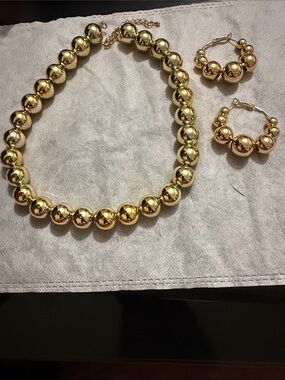 Gold Beaded Necklace and Hoop Earring - Women Jewelry